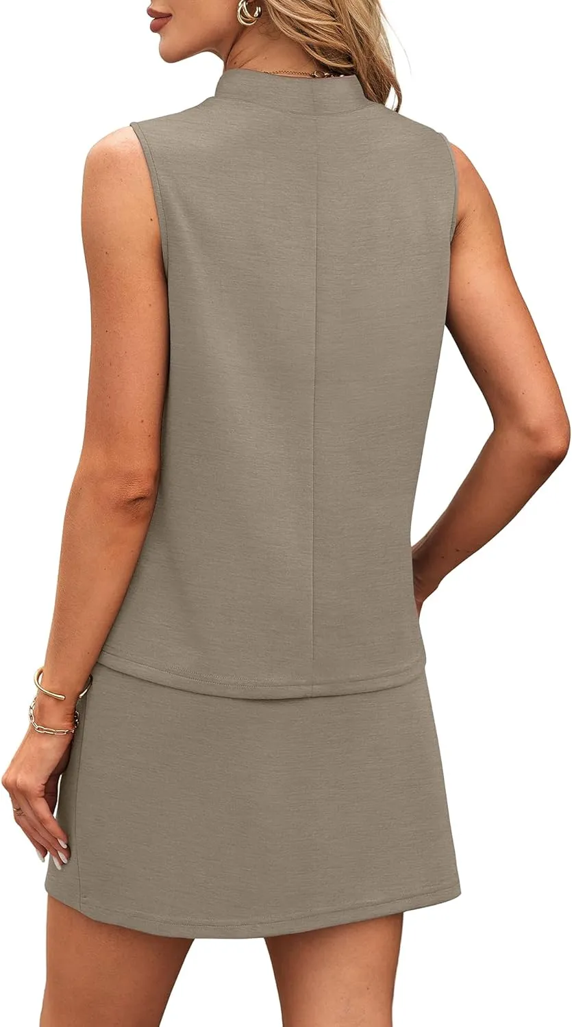 XIEERDUO Two Piece Skirt Sets for Women Summer Beach Vacation Outfits Mock Neck Tops Tennis Skirt Lounge Matching Sets