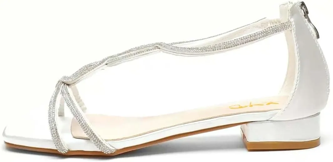 XYD Women's Crystal Low Heel Sandals Square Open Toe Snakelike T-Bar Strappy Flats with Back Zip Stylish Dress Shoes