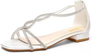 XYD Women's Crystal Low Heel Sandals Square Open Toe Snakelike T-Bar Strappy Flats with Back Zip Stylish Dress Shoes
