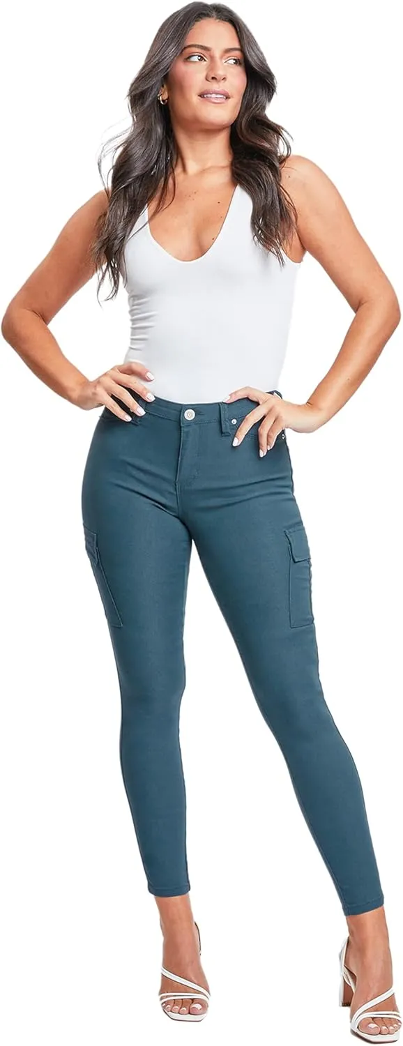 YMI Women's Junior Hyperstretch Button Skinny Cargo Jean