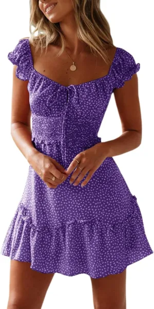 YOBECHO Womens Summer Ruffle Sleeve Sweetheart Neckline Printing Dress Mini Dresses