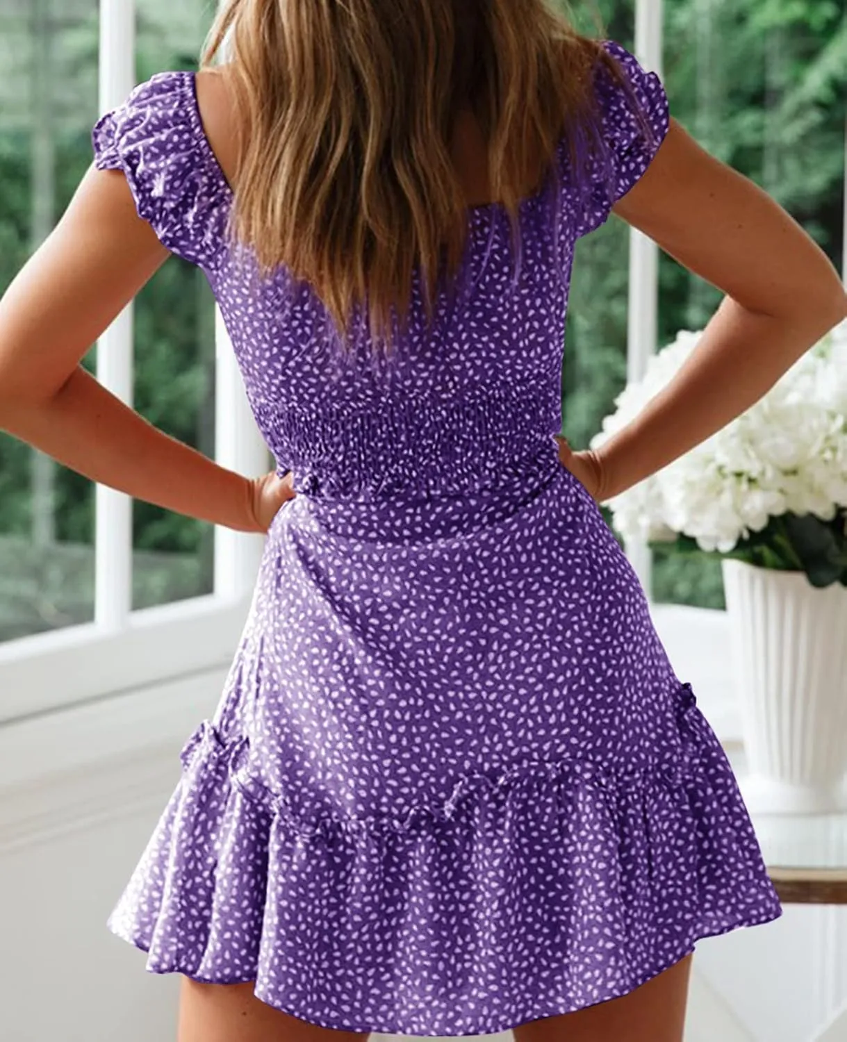 YOBECHO Womens Summer Ruffle Sleeve Sweetheart Neckline Printing Dress Mini Dresses