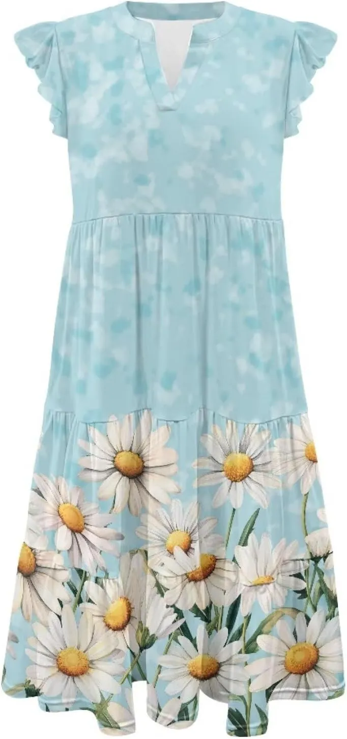 Youngerbaby Women Summer Dresses Midi Dress Flutter Sleeve Tiered Beach Dresses