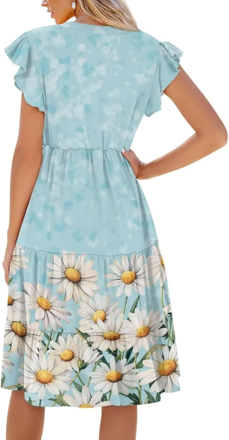 Youngerbaby Women Summer Dresses Midi Dress Flutter Sleeve Tiered Beach Dresses