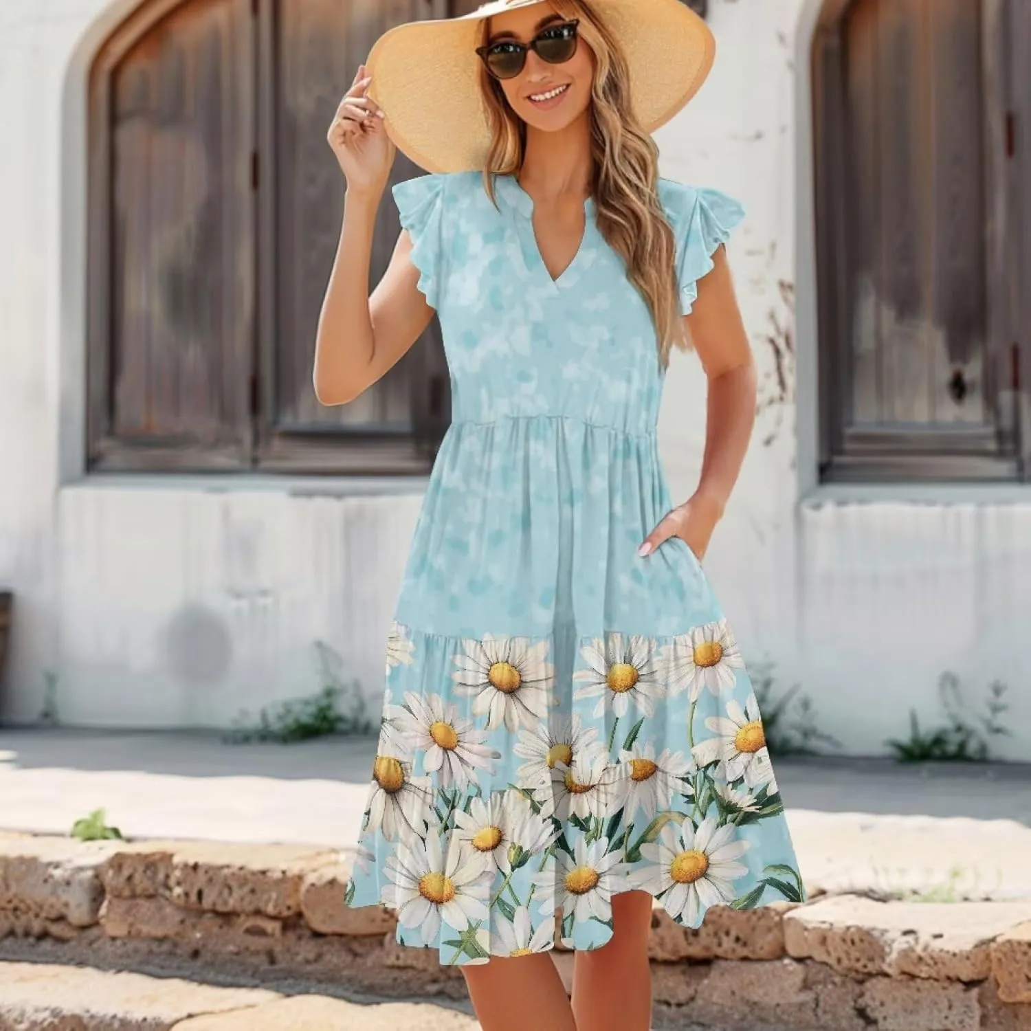 Youngerbaby Women Summer Dresses Midi Dress Flutter Sleeve Tiered Beach Dresses
