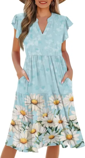 Youngerbaby Women Summer Dresses Midi Dress Flutter Sleeve Tiered Beach Dresses