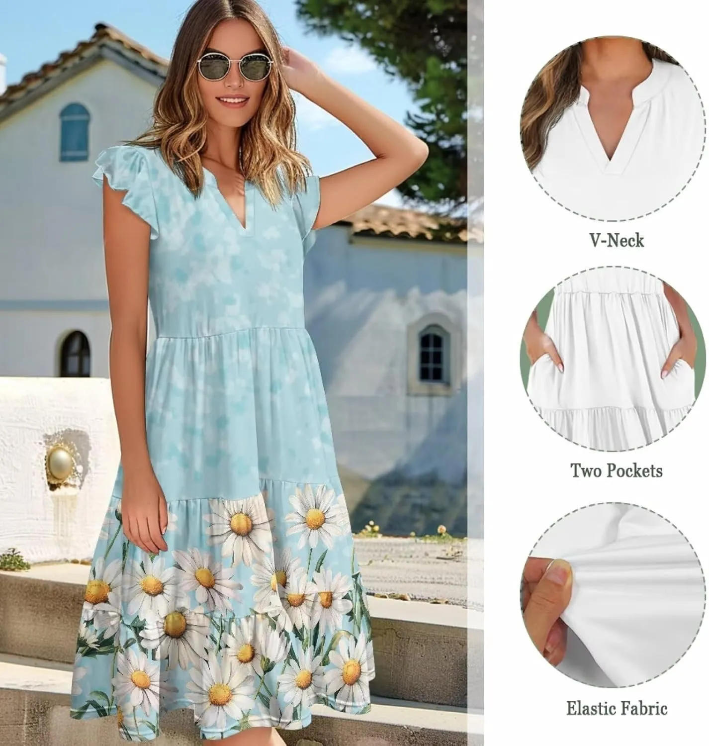 Youngerbaby Women Summer Dresses Midi Dress Flutter Sleeve Tiered Beach Dresses