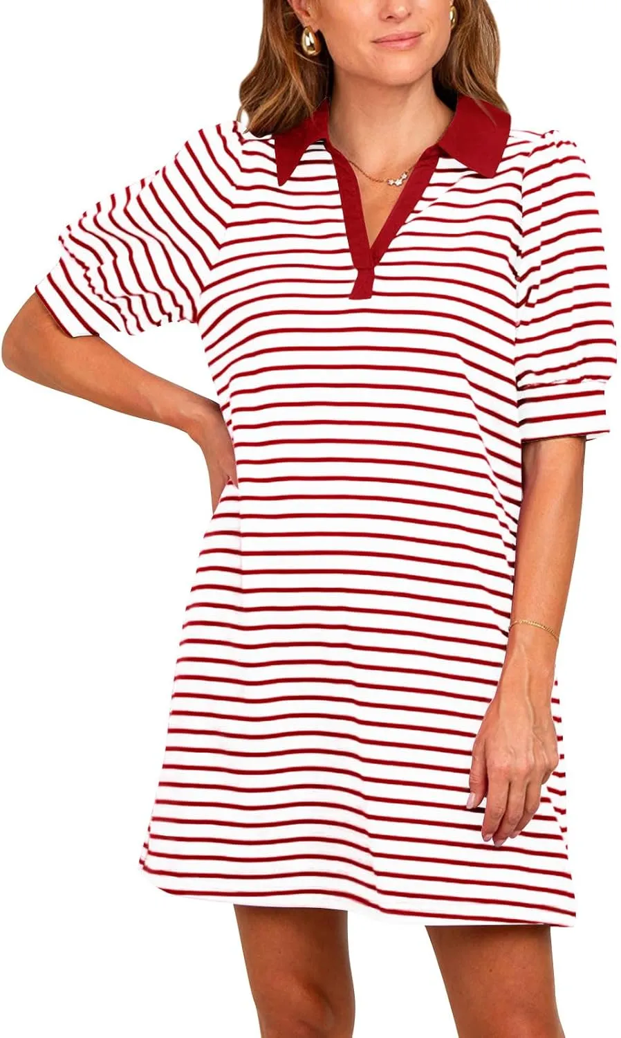 Yousify Women's Summer Lapel Collared V Neck Striped Dress Casual Puff Short Sleeve Polo Tshirt Dresses with Pockets