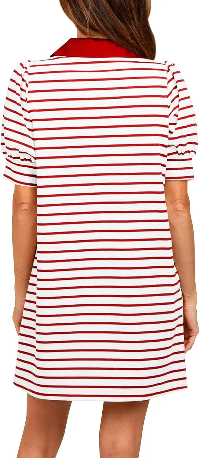 Yousify Women's Summer Lapel Collared V Neck Striped Dress Casual Puff Short Sleeve Polo Tshirt Dresses with Pockets