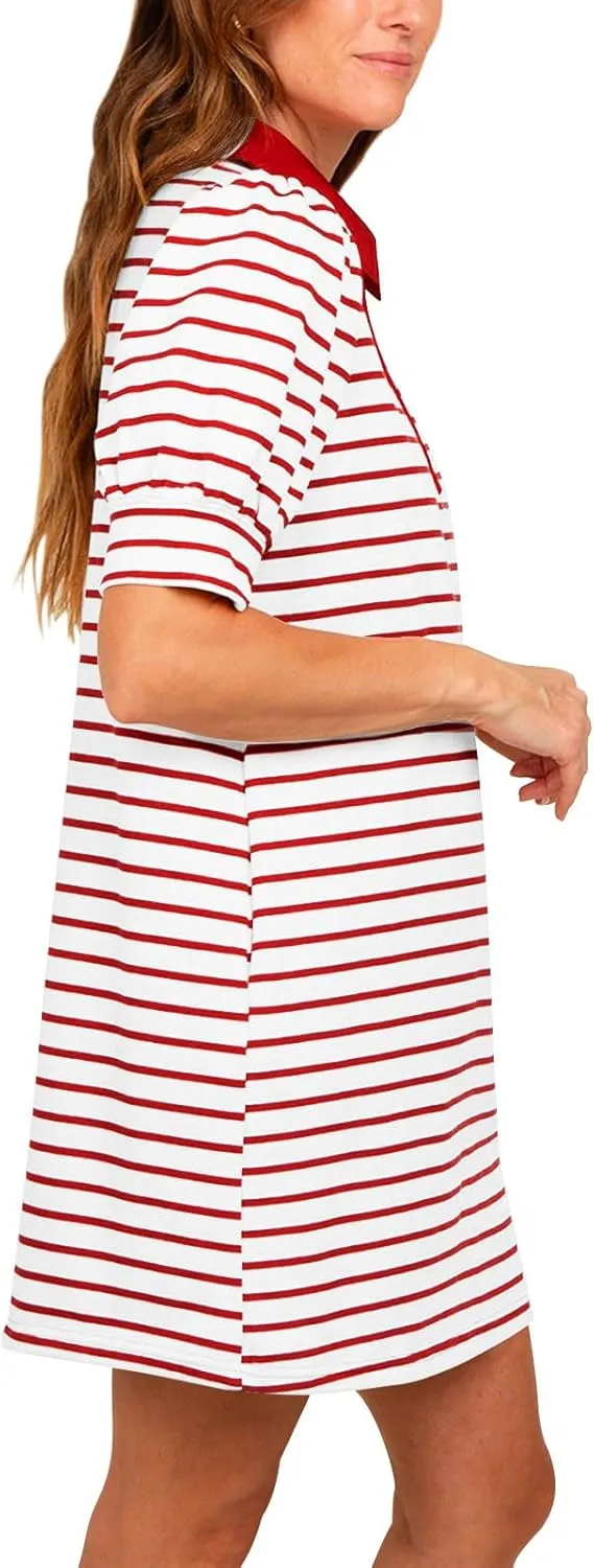 Yousify Women's Summer Lapel Collared V Neck Striped Dress Casual Puff Short Sleeve Polo Tshirt Dresses with Pockets