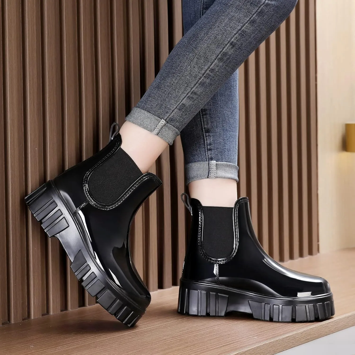 YUHITYGZGS Rain Boots for Women, Platform Chunky Waterproof Ankle Rubber Rainboots Boots, Wide Calf Soft Comfort Non Slip Garden Boots, Adult Cute Summer Short Chelsea Lightweight Rain Boots