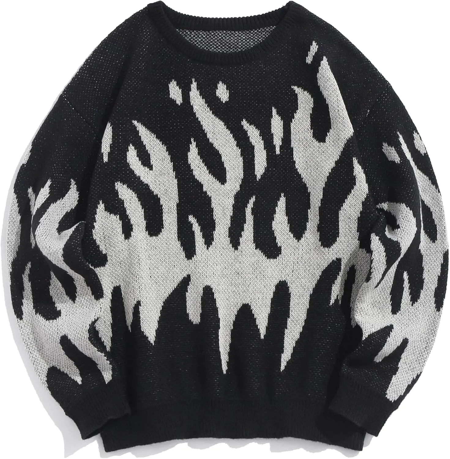 ZAFUL Mens Crewneck Oversized Sweaters Y2K Aesthetic Flame Graphic Knitted Sweater Casual Pullover Long Sleeve Jumpers