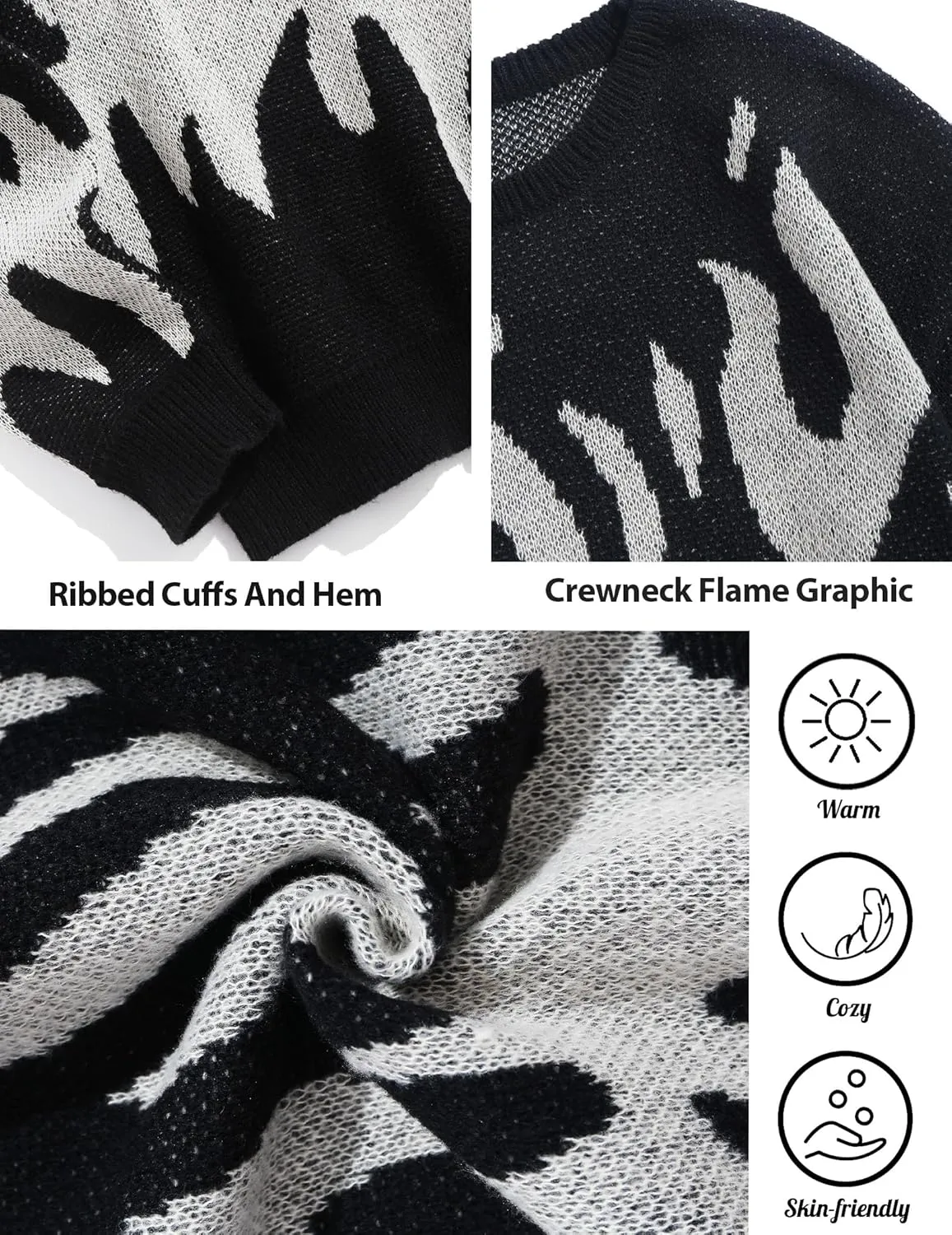 ZAFUL Mens Crewneck Oversized Sweaters Y2K Aesthetic Flame Graphic Knitted Sweater Casual Pullover Long Sleeve Jumpers