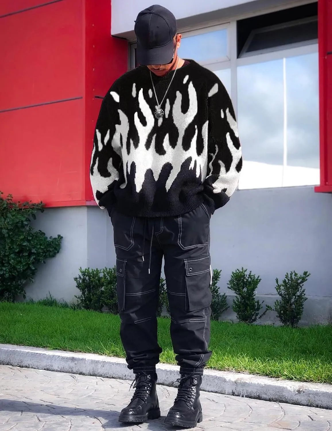 ZAFUL Mens Crewneck Oversized Sweaters Y2K Aesthetic Flame Graphic Knitted Sweater Casual Pullover Long Sleeve Jumpers
