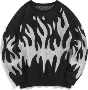 ZAFUL Mens Crewneck Oversized Sweaters Y2K Aesthetic Flame Graphic Knitted Sweater Casual Pullover Long Sleeve Jumpers