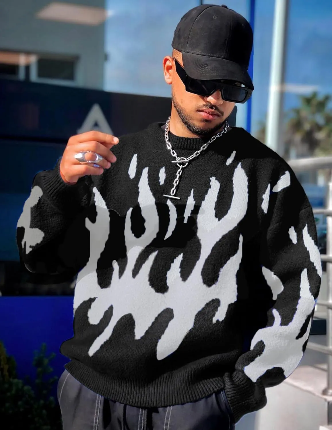ZAFUL Mens Crewneck Oversized Sweaters Y2K Aesthetic Flame Graphic Knitted Sweater Casual Pullover Long Sleeve Jumpers