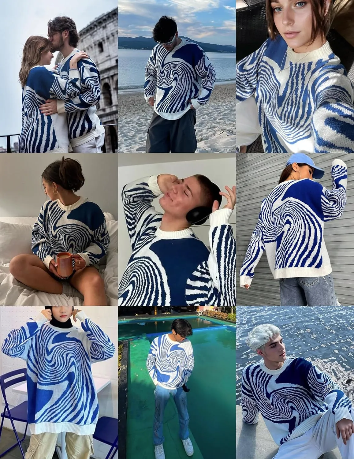 ZAFUL Mens Crewneck Oversized Sweaters Y2K Aesthetic Flame Graphic Knitted Sweater Casual Pullover Long Sleeve Jumpers