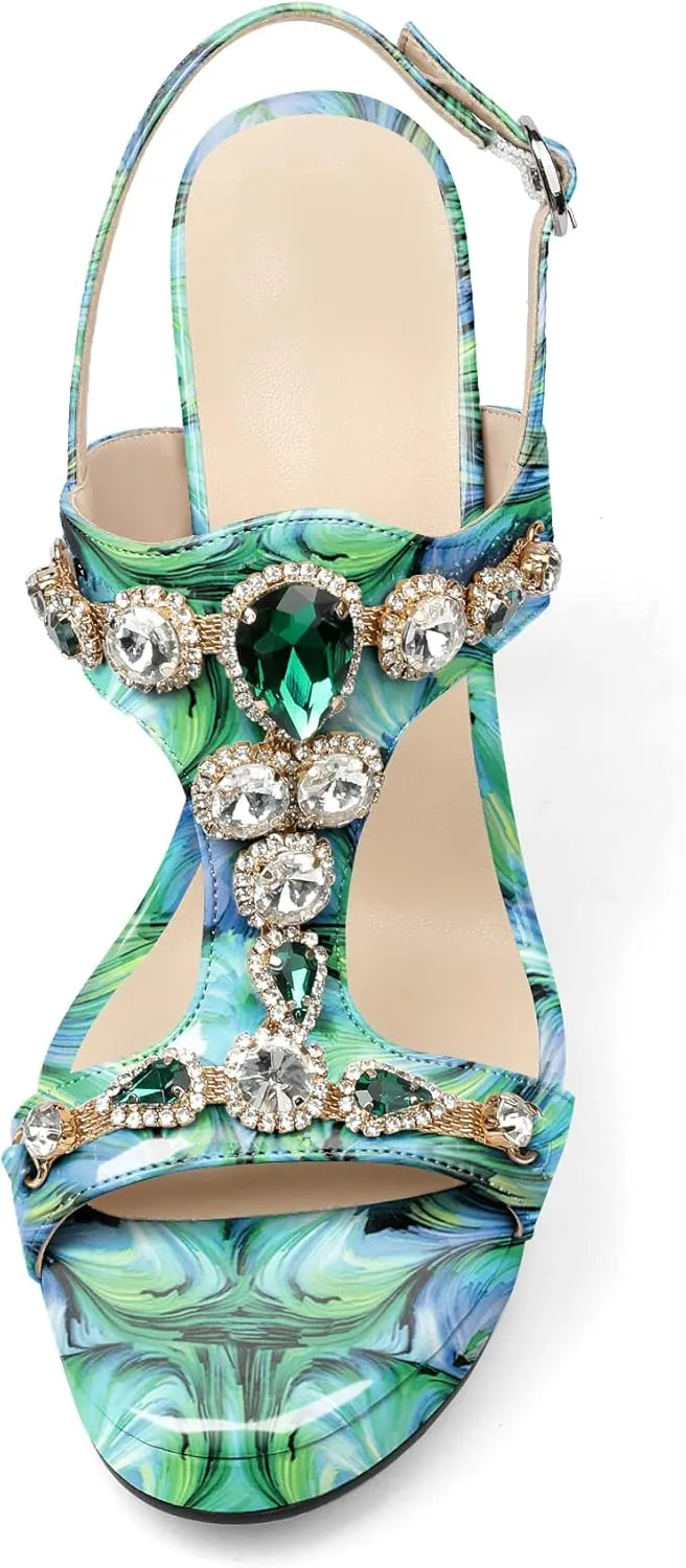 Zamikoo Heeled Sandals for women Platform Rhinestone High Heel Open Toe Stiletto Slingback Sandals Ankle Strap Dress Shoes for Wedding Party Event Evening