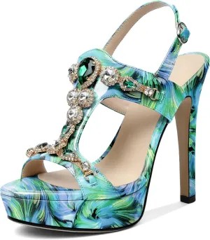 Zamikoo Heeled Sandals for women Platform Rhinestone High Heel Open Toe Stiletto Slingback Sandals Ankle Strap Dress Shoes for Wedding Party Event Evening
