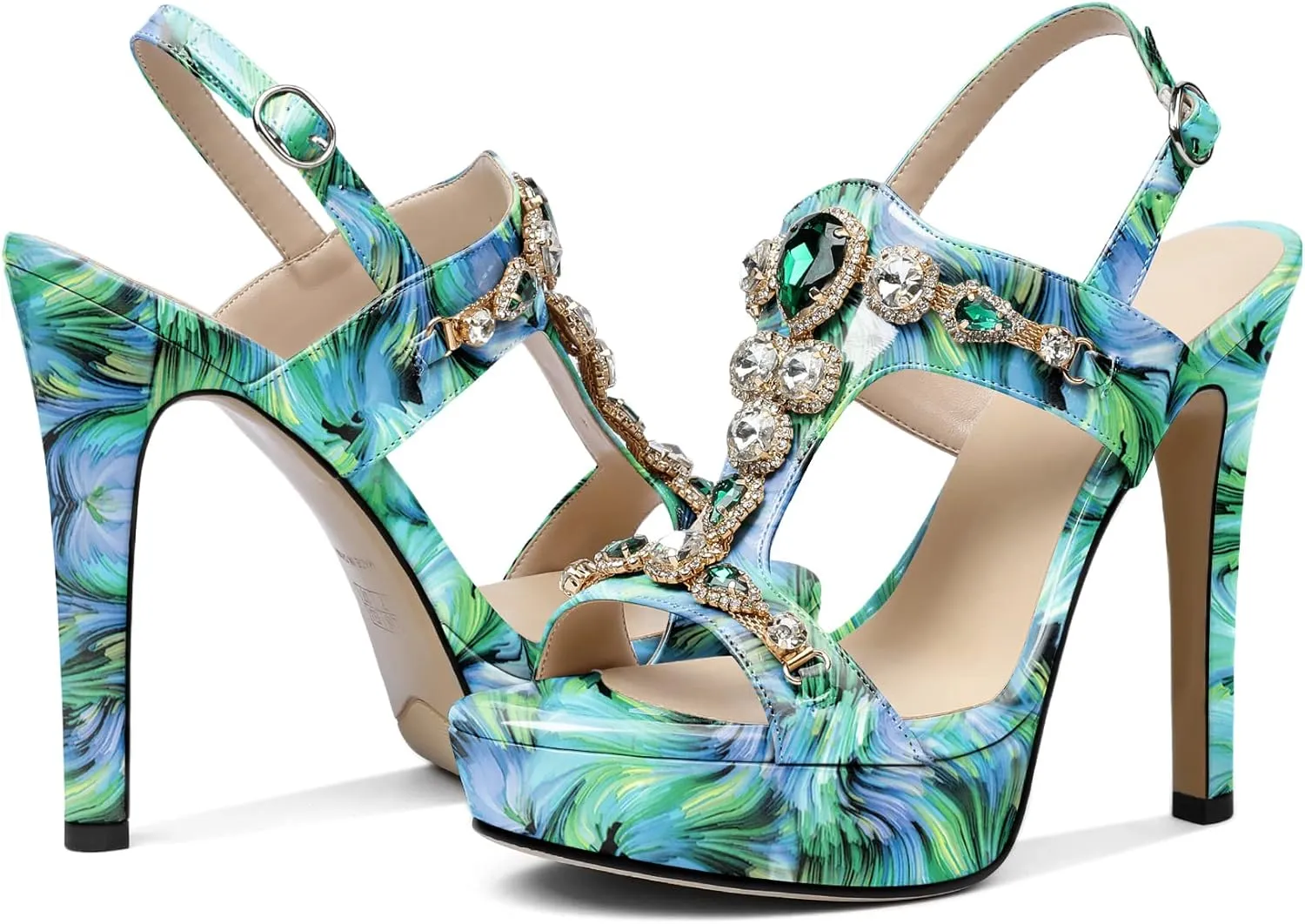 Zamikoo Heeled Sandals for women Platform Rhinestone High Heel Open Toe Stiletto Slingback Sandals Ankle Strap Dress Shoes for Wedding Party Event Evening