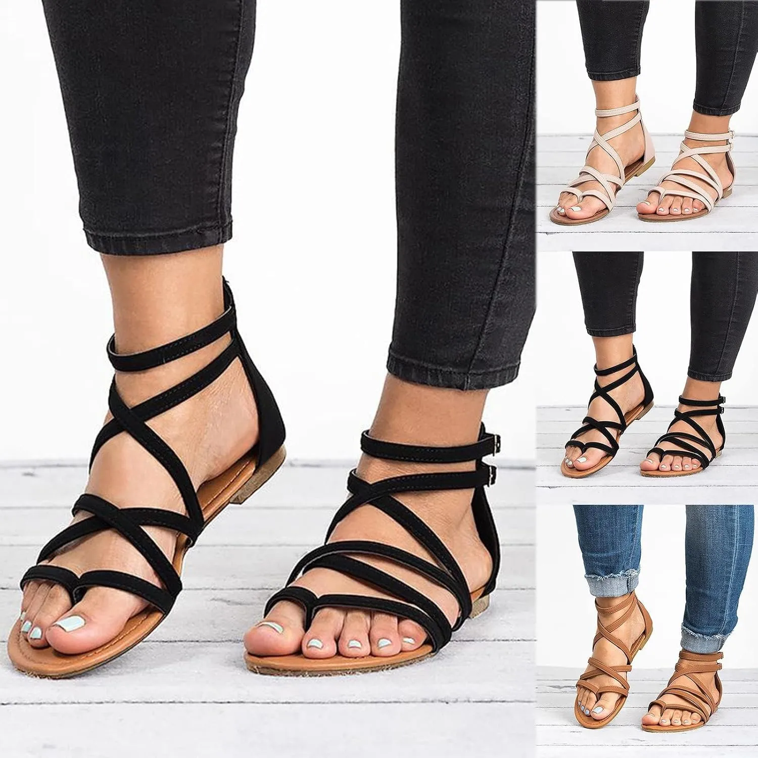 ZDLJYL Women's Wide Width Flat Sandals Summer Buckle Ankle Strap Gladiator Open Toe Flip Flop Sandal Beach Shoes for Women
