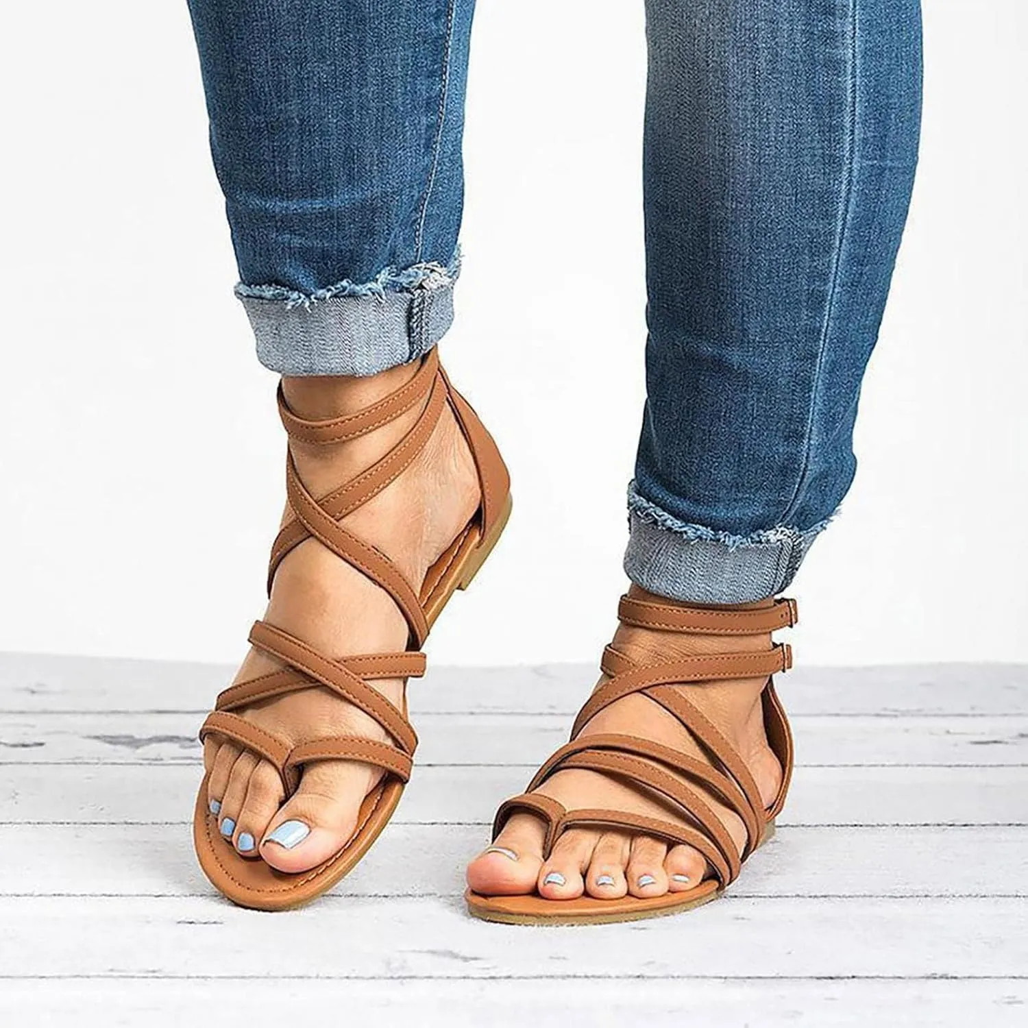 ZDLJYL Women's Wide Width Flat Sandals Summer Buckle Ankle Strap Gladiator Open Toe Flip Flop Sandal Beach Shoes for Women