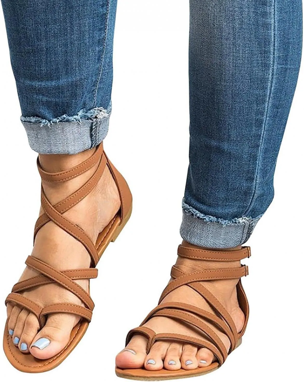 ZDLJYL Women's Wide Width Flat Sandals Summer Buckle Ankle Strap Gladiator Open Toe Flip Flop Sandal Beach Shoes for Women