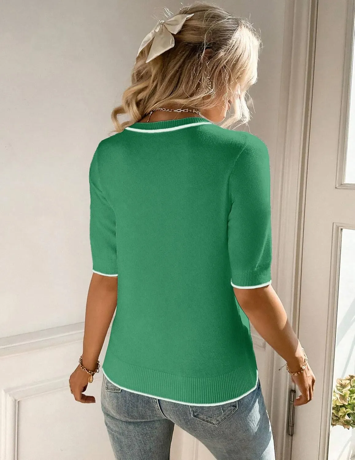 Zeagoo Women Short Sleeve Sweater Summer Crew Neck Dressy Casual Soft Knit Pullover Tops Trendy