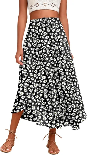 Zeagoo Womens Flowy Pleated Skirts A Line Elastic High Waisted Midi Skirt Boho Casual Long Skirts Brown Leaf Print XXL
