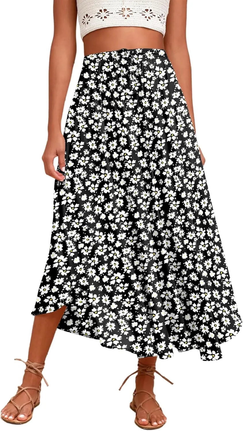 Zeagoo Womens Flowy Pleated Skirts A Line Elastic High Waisted Midi Skirt Boho Casual Long Skirts Brown Leaf Print XXL