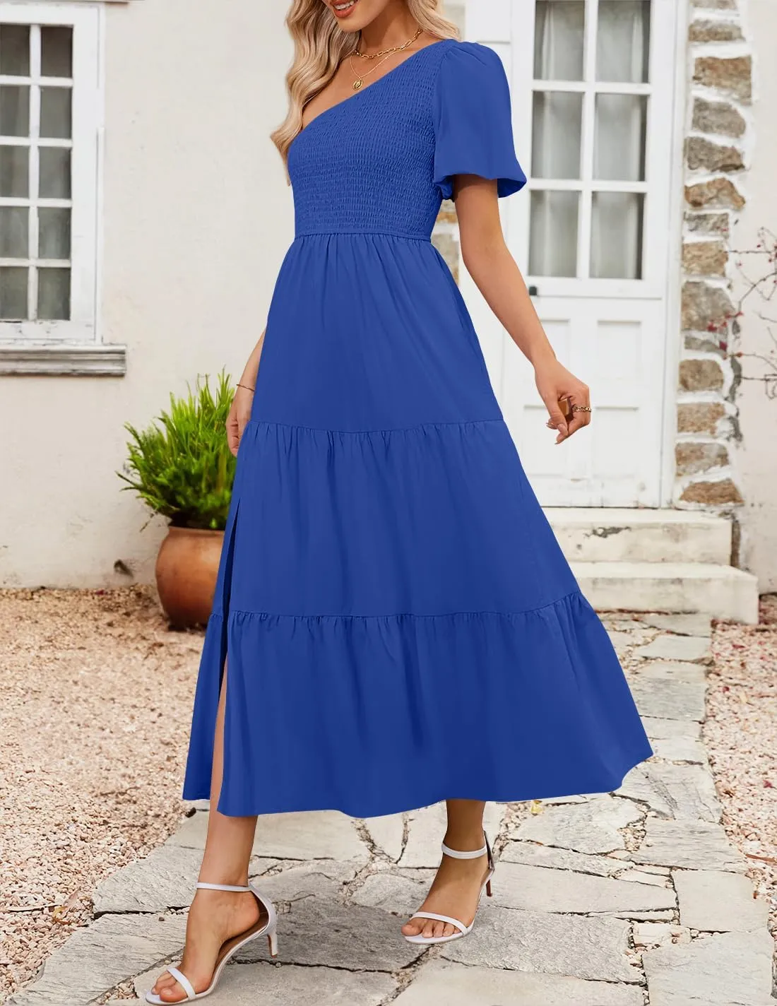 ZESICA Women's Boho Summer One Shoulder Short Sleeve Smocked Side Split Ruffle Swing Midi Dress