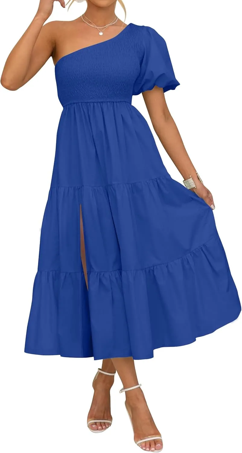 ZESICA Women's Boho Summer One Shoulder Short Sleeve Smocked Side Split Ruffle Swing Midi Dress