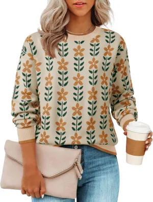 ZESICA Women's Long Sleeve Crewneck Sweater 2025 Fall Printed Cute Oversized Knitted Pullover Tops Trendy Clothes