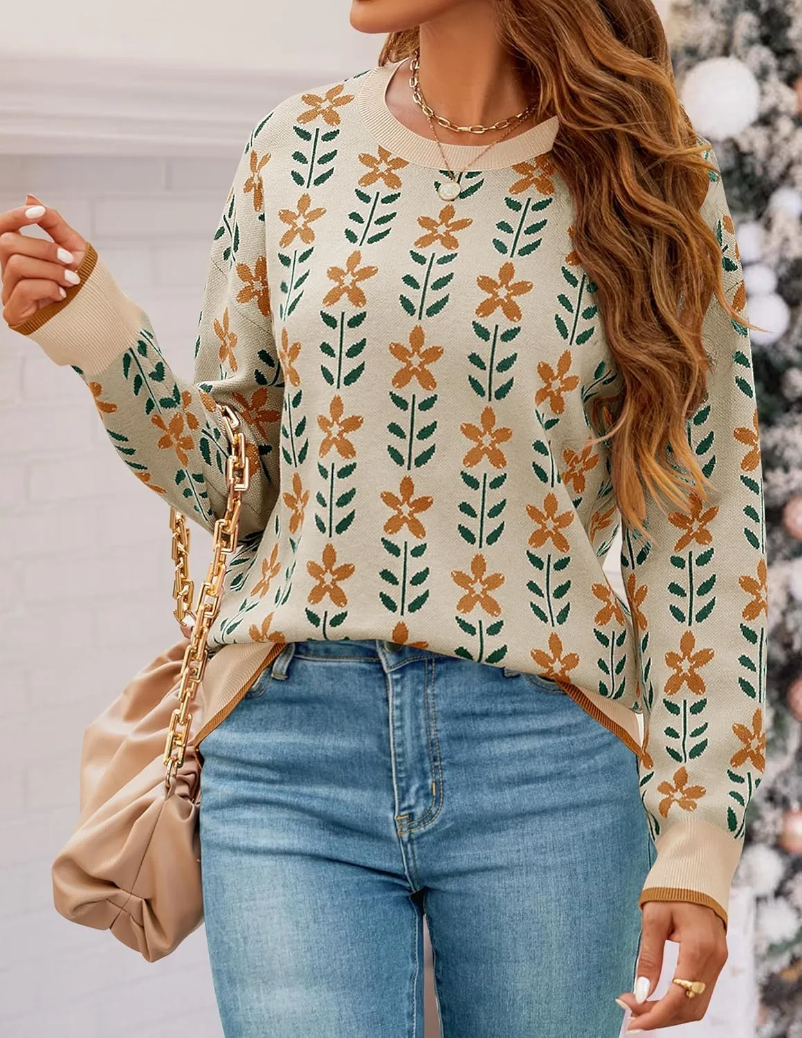 ZESICA Women's Long Sleeve Crewneck Sweater 2025 Fall Printed Cute Oversized Knitted Pullover Tops Trendy Clothes