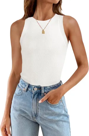 ZESICA Womens Summer Sleeveless Tank Tops Ribbed High Neck Racerback Slim Fitted Color Block Casual Shirts