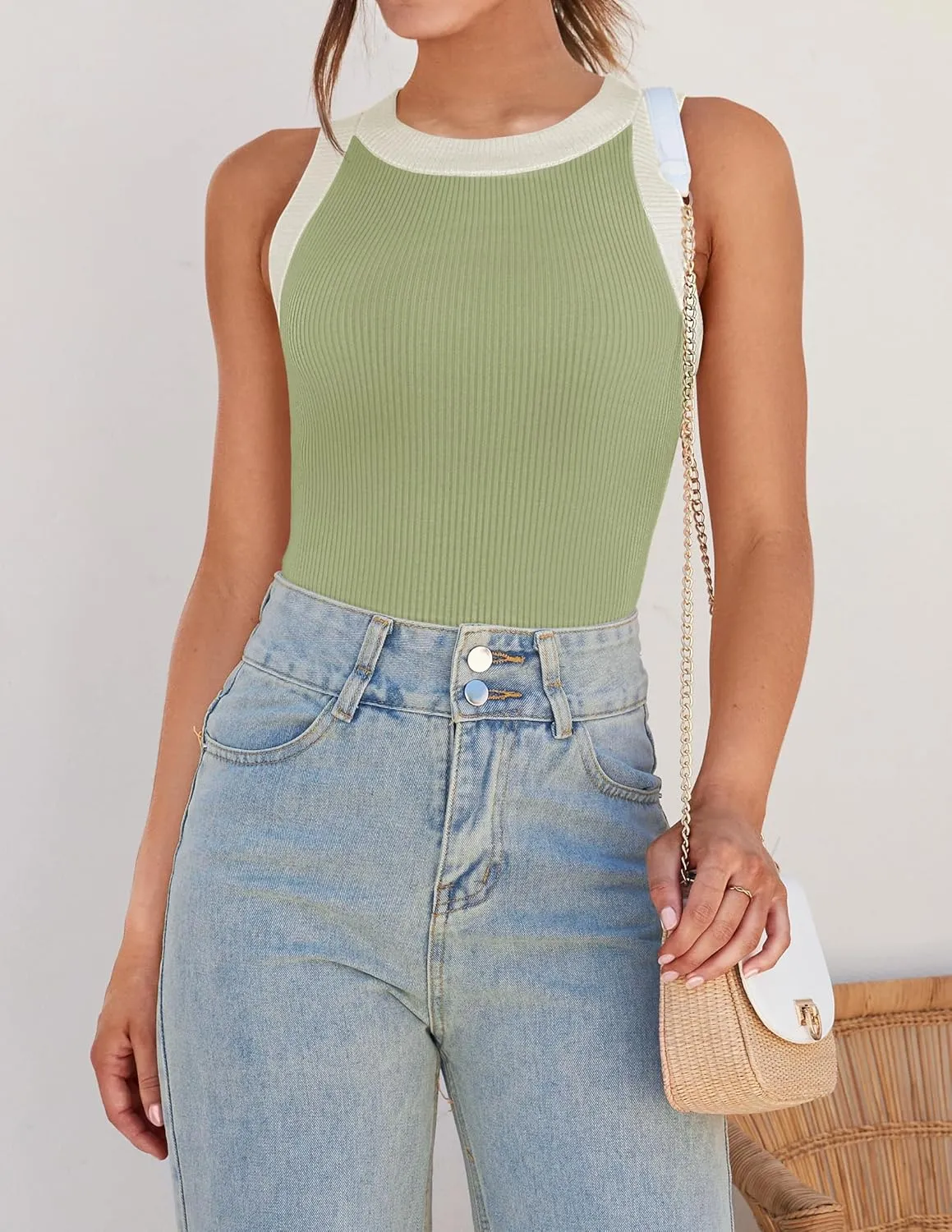 ZESICA Womens Summer Sleeveless Tank Tops Ribbed High Neck Racerback Slim Fitted Color Block Casual Shirts
