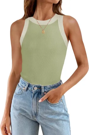 ZESICA Womens Summer Sleeveless Tank Tops Ribbed High Neck Racerback Slim Fitted Color Block Casual Shirts