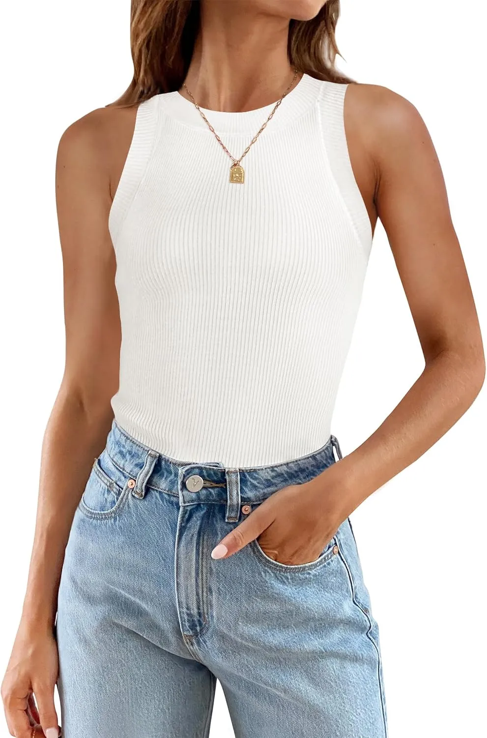 ZESICA Womens Summer Sleeveless Tank Tops Ribbed High Neck Racerback Slim Fitted Color Block Casual Shirts