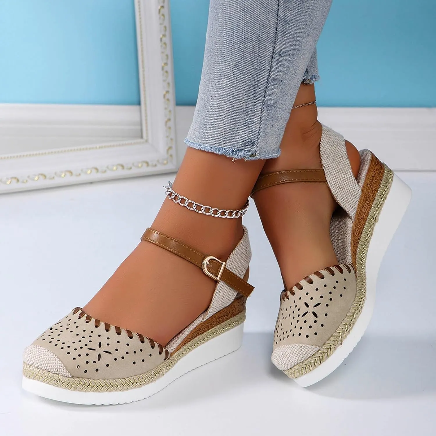 ZWRXW Closed Toe Sandals Women Arch Support Orthopedic Platform Wedge Sandals Buckle Ankle Strap Walking Sandal Boho Elegant Dressy Summer Shoes
